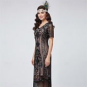 baratos Vestidos dos anos 1920-Loucos anos 20 Anos 20 Até os Joelhos Comprimento Curto Vestido melindroso Ilusão Mangas curtas O Grande Gatsby Convidado do casamento Paetês Lantejoula Decote V Fantasia Mulheres Carnaval Baile de