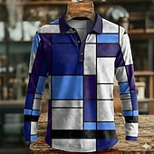 abordables פולו גיאומטרי לגברים-Men's Color Block Geometic Polo Long Sleeve Polo Shirts Lapel Casual Outdoor Athleisure Daily Wear 3D Print Buttons Spring Fall Winter Blue Red Green
