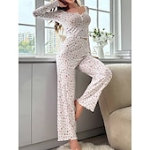 billige Søvnoverdeler og -nederdeler for kvinner-Dame Pyjamas Sett Fritid Komfort Blomstret Elastisk midje Bukse Hjem Daglig Langermet U-hals Hvit Gul Rosa Lilla Vår Høst Normal