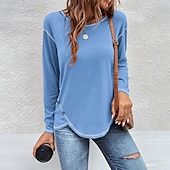 cheap Plain tee-Women's Blouse Buttons Plain Tropical Stylish Casual Long Sleeve Crew Neck Regular Tops Daily Holiday Going out Navy Blue Light Grey Light Blue Fall Winter