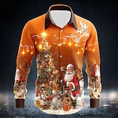 preiswerte Weihnachtsmann-Outfit-Weihnachten Herren Weihnachtsmann Schneemann Weihnachtsbaum Hemd Knopfhemd Langarm Lustig Weihnachtsgeschenke Ferien Frühling Herbst Umlegekragen 3D-Druck Hemden mit Kragen Rote Orange Dunkelblau