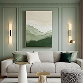 abordables Pinturas abstractas-Regalo de Navidad: pinturas abstractas hechas a mano en tonos verde y beige, pintura de montaña, pinturas de paisaje verde, arte mural, gran panorama minimalista de valle, pintura al óleo