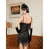 billiga 1920-talets klänningar-Set Roaring 20s 1920s Mini Dress Flapper Dress Outfits with Accessories Sleeveless The Great Gatsby Charleston Sequins Tassel Fringe Feather Deep V Fancy Dress Women's Carnival New Year Masquerade