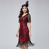 baratos Vestidos dos anos 1920-Loucos anos 20 Anos 20 Até os Joelhos Comprimento Curto Vestido melindroso Ilusão Mangas curtas O Grande Gatsby Convidado do casamento Paetês Lantejoula Decote V Fantasia Mulheres Carnaval Baile de