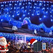 billiga Solsträngljus-Solcellsdrivna vattentäta julispljus 10 meter 400 lysdioder 48 droppar 8-funktions timer fjärrkontroll genomskinlig tråd anslutningsbar ljusslinga innergård balkong träd veranda takfot dekorativa ljus