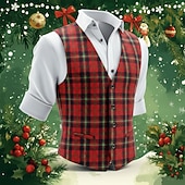  Men's Vest Waistcoat Party Fashion Streetwear Spring Fall Buttons Polyester Breathability Plaid Single Breasted V Neck Tailored Fit Red Vest