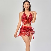 voordelige Toppen en Sets-Samba Dancewear Carnaval Dans Rokken Franje Sequins Vrouwen Performanced Feestthema Feest Mouwloos Polyester Performanced Costume