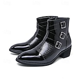 billiga Klädskor-Herrstövlar i vinröda lack i konstläder med tre spännen och krokodilstruktur – trendiga skor för kvällskläder, fester och speciella tillfällen