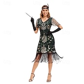 baratos Vestidos dos anos 1920-Loucos anos 20 Anos 20 Meio-dia Vestido melindroso Mangas curtas O Grande Gatsby Menina melindrosa Paetês Franja Tubinho Decote V Fantasia Mulheres Natal Carnaval bar clandestino Mascarilha Festa