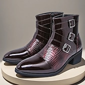 billiga Klädskor-Herrstövlar i vinröda lack i konstläder med tre spännen och krokodilstruktur – trendiga skor för kvällskläder, fester och speciella tillfällen