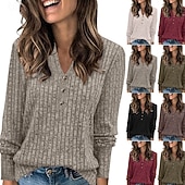 tanie gładka koszulka-Damskie Podkoszulek Koszulka Guziki Jednokolorowe Elegancki Klasyczny Codzienny Długi rękaw W serek Zwykłe topy Codzienny Wyjściowe Weekend Czarny Zieleń wojskowa Czerwony Brązowy Khaki Wiosna Jesień