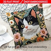  Capa de almofada decorativa com estampa plana 2D de gato preto, com bordado decorativo para sofá. O detalhe em bordado falso no centro adiciona um toque divertido e charmoso à sala de estar.