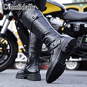 preiswerte Biker -Stiefel-Schwarze Motorradstiefel für Herren aus Kunstleder mit Riemen – elegant und robust, ideal für Biker und den lässigen Alltag.