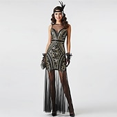 ieftine Rochii din anii 1920-Set Urlați 20 de ani Anii 1920 Lungime Gleznă Lung Rochie de seara Rochie de Cocktail Bandană Adolescentă cu accesorii Fără mâneci Gatsby Invitat la nuntă Paiete Paiete Rotund Scoateți gâtul Costume