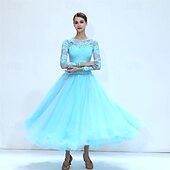cheap Standard  Ballroom-Women's Elegant Turquoise Ballroom Dance Dress Lace Long Sleeve Boat Neck Waltz Tango Modern Rumba Practice Performance Gown