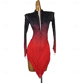 abordables robe de compétition-Robe de danse latine à franges, cristaux et strass, robe de compétition salsa à manches longues pour femme, idéale pour l'entraînement et la performance.