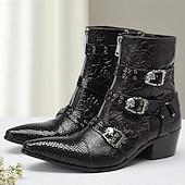 Χαμηλού Κόστους Premium Δερμάτινες Μπότες-Ανδρικές μαύρες δερμάτινες μπότες με ανάγλυφη αγκράφα – κλασικό σχέδιο με λεπτομέρειες με τρουκς, ιδανικές για επίσημες εκδηλώσεις, casual ρούχα και βραδινές εμφανίσεις