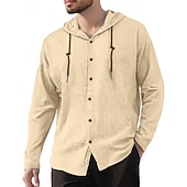 economico Camicie di lino-Per uomo Camicia Camicia di lino Camicia Estiva Camicia da Spiaggia Semplice Vacanza Casuale Nero Bianco Blu marino Cachi Manica Lunga Con Cappuccio Primavera Autunno Abbigliamento Coulisse