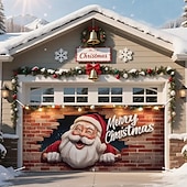 billige Garasje- og dørbanner-Jul tapet Garasjeportdeksel Stor opphengning julenissen god jul søt stil 3D Party Utendørs Ferie Bakgrunner for skyting Yard Hjemmedekor