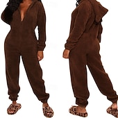 cheap Bodysuits-Women's Loungewear Onesie Warm Fashion Sexy Pure Color Zipper Hoodie Pant Vacation Home Street Sleeveless Crew Neck Blue Black White Red Brown Fall Winter Regular Fit