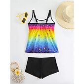 preiswerte Tankinis-Damen Badeanzug Tankini Zweiteilig Shorts Bademode Bauchkontrolle Hohe Taille Schlank Rückenfrei Urlaub Strandbekleidung Ombre Farbblock V Ausschnitt Ärmellos Badeanzüge