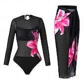 preiswerte Einteilige Badeanzüge-Damen Einteiler Badeanzug Schlankheits mit Rock Monokini Rock Netz Bauchkontrolle Hohe Taille Schlank Elegant Urlaub Floraler Rundhalsausschnitt Langarm Badeanzüge