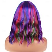 baratos Perucas de Carnaval-Peruca de Carnaval Vermelho Azul Roxo Encaracolado Curto Peruca sintética para festivais Mardi Gras Parada Cabelo para fantasia de cosplay para Feminino