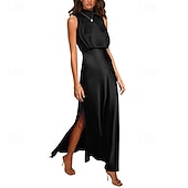 baratos Vestido Simples-Mulheres Vestido Longo Vestido Maxi vestido de cetim Vestido de formatura Vestido de festa Elegante Moderno Festa de Noite Festa Ocasião Especial Normal Tecido Sem Manga Colarinho Chinês água azul