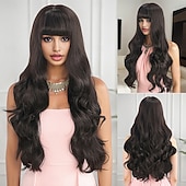 baratos Perucas de festa-Peruca sintética ondulada com franja, 71 cm (28 polegadas), cabelo sintético A1, confortável, castanha.