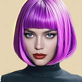 cheap Carnival Wigs-Purple Bob Wig With Bangs 12 Inch Short Synthetic Fiber Bob Wigs for Women Short Bob Wigs and Halloween Cosplay Wig for Daily Life Colorful Wigs With for Carnival Festival Party