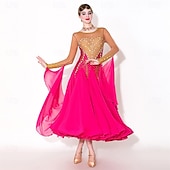 cheap Competition Wear-Women's Elegant Fuchsia &amp; Gold Ballroom Dance Dress Rhinestone Embellished Waltz Tango Modern Rumba Competition Performance Gown