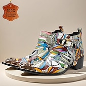 halpa Ensiluokkaiset nahkasaappaat-Miesten värikkäät ja taiteelliset aidosta nahasta valmistetut nilkkurit - monivärinen muotoilu vetoketjulla ja kiiltävillä metallisilla yksityiskohdilla, ihanteellinen muodikkaaseen vapaa-ajan käyttöön ja erityistilaisuuksiin