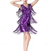 cheap Practice Dresses-Samba Dancewear Women 1920s Dance Dress Sequin Tassel Fringe Flapper Latin Rumba Dress Glitter Salsa Tango Ballroom Dancing Dressesl Performance Costume