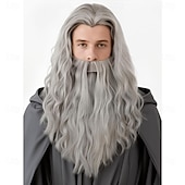 preiswerte Historische Perücken-Lange graue Herrenperücke und Bartset für Halloween-Cosplay (Weihnachtsmann, Zauberer)