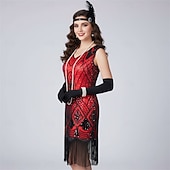preiswerte 1920er Kleider-Set Goldene Zwanziger 1920er Knielang Flapper Kleid Outfits Zubehörset mit Zubehör Ärmellos Der große Gatsby Hochzeitsgast Pailletten Quastenfransen Pailletten Quaste V Ausschnitt Kostüm Damen