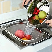 abordables Utensilios para frutas y verduras-Cesta plegable y extensible de acero inoxidable para fregadero con mango telescópico: escurridor de platos compacto y resistente de acero inoxidable 304, ideal para almacenar frutas, arroz y pasta.