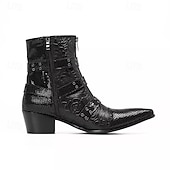 Χαμηλού Κόστους Premium Δερμάτινες Μπότες-Ανδρικές μαύρες δερμάτινες μπότες με ανάγλυφη αγκράφα – κλασικό σχέδιο με λεπτομέρειες με τρουκς, ιδανικές για επίσημες εκδηλώσεις, casual ρούχα και βραδινές εμφανίσεις