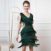 baratos Vestidos dos anos 1920-Roaring 20s 1920s Knee Length Flapper Dress Sleeveless The Great Gatsby Flapper Girl Sequins Fringe V Neck Fancy Dress Women's Christmas Carnival speakeasy Masquerade Retro Theme Party Adults Dress