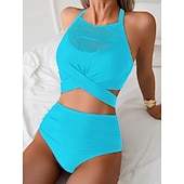 お買い得  ビキニセット-女性用ビキニ2ピース水着 セクシーカットアウト チーキー スマート コントロール ハイウエスト スリム バカンス ビーチウェア ソリッドカラー Vネック ノースリーブ水着