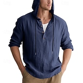 cheap Men's Popover Shirts-Men's Shirt Popover Shirt Summer Shirt Casual Shirt Beach Shirt Black White Yellow Navy Blue khaki Long Sleeve Solid Color Hooded Vacation Casual Drawstring Clothing Apparel Fashion Casual Comfortable