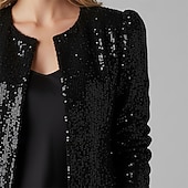 preiswerte Blazer &amp; Anzüge-Damen Wintermantel Warm Bequem Pailletten Öffnung vorne Mode Lässig Einfach Urlaub Straße Alltagskleidung Ausgehen Kurz Rundhalsausschnitt Normale Passform Langarm Oberbekleidung Schwarz Rosa Herbst