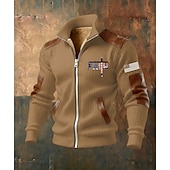 baratos Moletons 3D masculinos-Homens Full Zip Hoodie Casaco de lã Moletom de lã Preto Branco Verde Tropa Azul Marinha Marron Colarinho Clerical Cruz Bandeira americana Fé Bolsos Detalhes em couro sintético Desportos e Ar livre