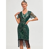 preiswerte 1920er Kleider-Goldene Zwanziger 1920er Knielang Flapper Kleid Kurze Ärmel Der große Gatsby Flapper-Mädchen Pailletten Fransen V Ausschnitt Kostüm Damen Weihnachten Karneval Abendgesellschaft Flüsterkneipe Maskerade