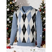 baratos suéter pulôver masculino-Homens Suéter de Natal camisolas de natal Pulôver suéter Suéter de malha Estriado Tricotar Tops regulares Tricotado Xadrez Gola Redonda Moda Básico Férias Roupa Diária Roupa Outono Inverno Azul Claro