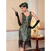 baratos Vestidos dos anos 1920-Roaring 20s 1920s Knee Length Flapper Dress Sleeveless The Great Gatsby Sequins Fringe V Neck Fancy Dress Women's Christmas Carnival speakeasy Masquerade Retro Theme Party Adults' Dress