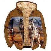 halpa Animal Print-Miesten Kettu Susi Fleece Huppari Takki College Muoti Tyylikäs Päivittäin Vintage retro Hupullinen ulko- Metsästys Musta Ruskea Ruskea 2 Vetoketju Tasku Syksy Talvi Suunnittelija S M L XL XXL XXXL