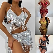 economico Top e Set-Costumi da ballo Samba Set di top corto a frange argentate e gonna mini plissettata metallizzata per donne - Outfit da festival rave per carnevale Costumi per performance
