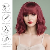 baratos Perucas de festa-Perucas sintéticas Ondulado Trama Curly Corte Assimétrico Franja Lisa Fabrico à Máquina Peruca 14 polegadas Vermelho Vinho Cabelo Sintético Mulheres Clássico Confortável Requintado Vinho