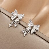 economico Orecchino da donna-orecchini pendenti in argento con fiocco, cristallo trasparente e ciondolo a croce – eleganti orecchini pendenti per donna