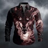 halpa Eläinkuviointi-Miesten Savuinen Eläin Susi Paita Button Up paita Pitkähihainen Vintage retro ulko- Arkikäyttö Kevät Syksy Sänkyjen avaus 3D-tulostus kauluspaidat Musta Ruskea